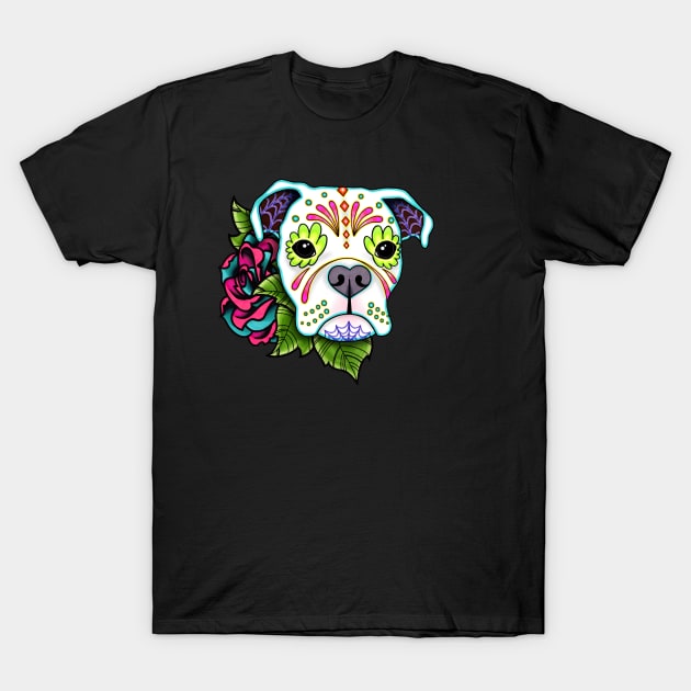 Boxer in White - Day of the Dead Sugar Skull Dog T-Shirt by prettyinink